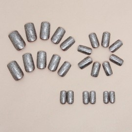 Square Press on Nails Chrome Grey Medium Short Fake Nails,Chrome Powder Glazed Acrylic Nails, Shiny Glossy Gel False Nails Kits Salon Quality Stick Glue on Nails Tip 24 Pcs