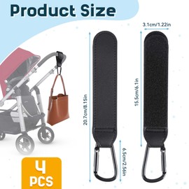 Pack of 4 Pram Hooks for Bags, Universal Carabiner Pram, Leather Pram Hook, Velcro Hook for Prams and Suitcases (Black)