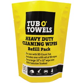 Tub O' Towels Heavy-Duty Cleaning Wipes Refill Pack, Fits 90-Count Canister, Extra-Large 10" x 12" Multi-Surface Wipes for Grease, Grime, and Tough Stains, Convenient Refill for Home, Auto, and More