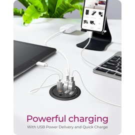 ICY BOX IB-HUB1407 3-Port Desktop Charger, 2 x USB-A & 1 x USB-C, for 60 mm Holes, Device is for Charging Only, Black