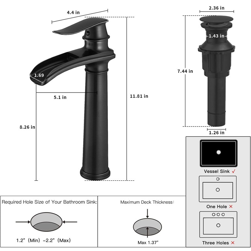 BWE Vessel Sink Faucet Waterfall Matte Black Bathroom Faucets Single