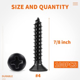 100 PCS #4 X 7/8 inch Stainless Steel 18-8 (A2) Wood Screws, Black Coated Flat Head Phillips Full Threaded No.4 X 0.87 Length Screw by TPOHH, KA29X22SS18-8