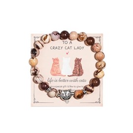 COLORFUL BLING Nature Healing Stone Cutie Cat Strand Adjustable Stretch Bracelet for Women for Cat Lover Cat Mom Meaningful Card To A Crazy Cat Lady for Women Jewelry-Brown