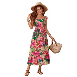 SOLY HUX Women's Summer Tropical Midi Dresses Square Neck Beach A-Line Sun Casual Boho Floral Print Flowy Long Dress Pink Floral Small