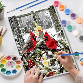 Skyboda Christmas Paint by Numbers Kit for Adults Beginners with Frame, Cardinal Adult Paint by Number Kits on Canvas, Easy DIY Oil Painting Kits for Home Decor, 8x12in