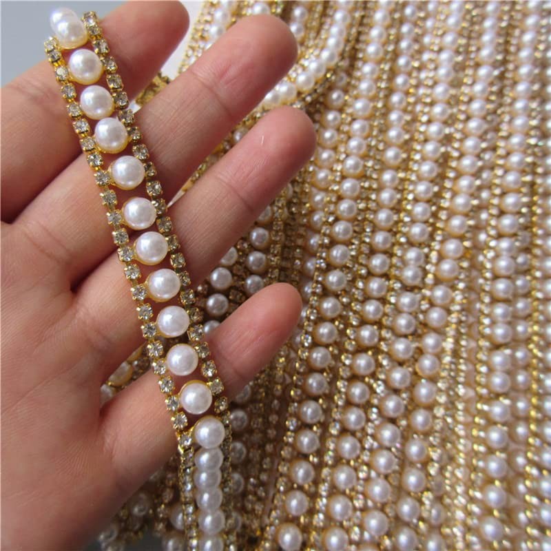 2 Yards Gold Pearl Rhinestone Chain, Crystal Rhinestones Pearl Chain