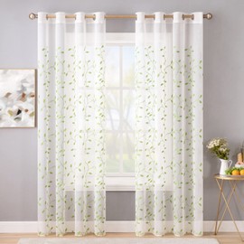 MIULEE Sheer Curtains with Green Embroidered Leaf Pattern for Living Room Farmhouse Decorative Elegant Grommet Embroidery Window Voile Bedroom Drape St. Patrick's Day Decor 2 Panels 54 x 84 Inches