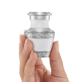 Reminded Small Cremation Memorial Urn for Human Ashes, White and Silver Miniature Keepsake Urn with Velvet Case