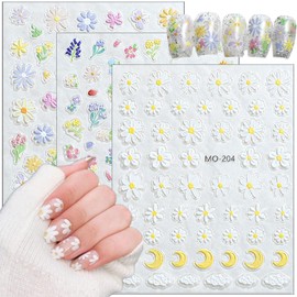 Flower Nail Stickers for Nail Art 5D Embossed Flowers Nail Art Stickers Colorful Floral Daisy Nail Design Supplies Self-Adhesive Daisy Nail Decals for Women Nail Decoration Stickers 3 Sheets