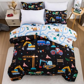 Holawakaka Trucks Tractors Cars Boy Bedding Comforter Set with Sheets, Full Size Cartoon Construction Car Excavator Print Kids Bed in A Bag 5-Piece, Boys Reversible Dorm Bed Sets (Black Full)