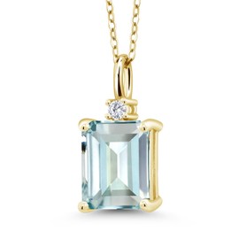 Gem Stone King 18K Yellow Gold Plated Silver Sky Blue Simulated Aquamarine Pendant Necklace For Women (4.26 Cttw, Gemstone Birthstone, Emerald Cut 10X8MM with 18 Inch Silver Chain)