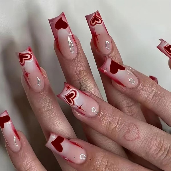 SINHOT Valentine's Day Press-On Nails - Medium Square Red Ombre