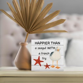 DUXMNAMG Funny Seagull Beach Wood Box Sign - Summer Ocean Starfish Bird Desk Shelf Decor, Happier Than a Seagull with a French Fry Funny Wooden Block Plaque Box Sign for Home Room Table Decor