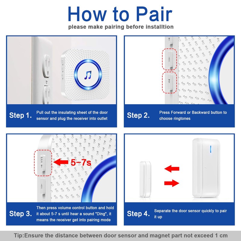 Wireless Magnetic Door Sensor 600Ft Operating Range 58 Chimes Adjustable