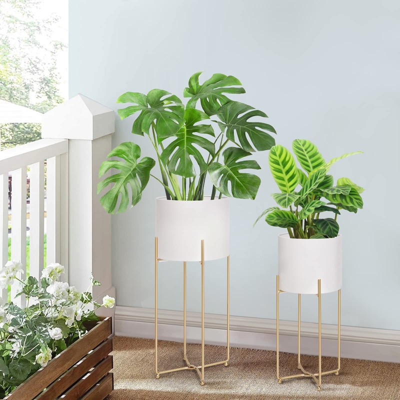 White Planters with Gold Stands for Indoor Plants, Large Metal