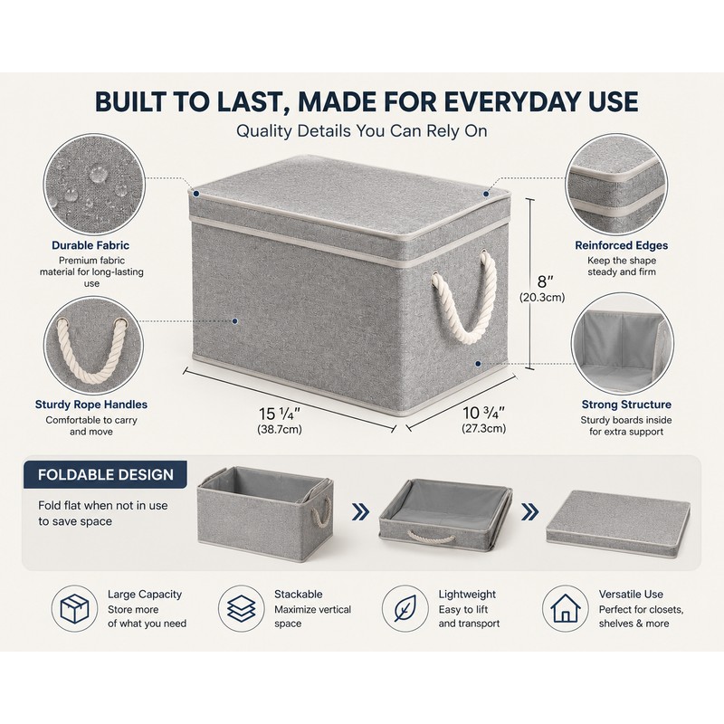 3-Pack Foldable Storage Bins with Lids, Foldable Baskets with Handles,