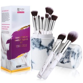 DUAIU Juego de 10 brochas de maquillaje profesionales de mármol Kabuki fundación brocha colorete corrector sombra de ojos juego con soportes para brochas de maquillaje