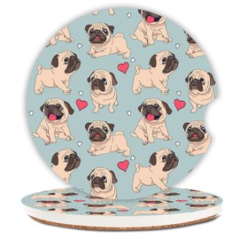 Cute Ceramic Cup Holders Car Coasters for Women/Men,Absorbent Drink Cup Car Holder Coasters with A Finger Notch 2.56" Pack of 2,Pug Dog Red Heart