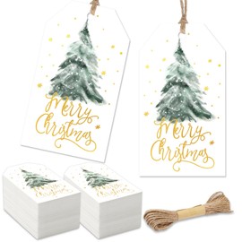 Whaline 100Pcs Merry Christmas Gold Foil Paper Gift Tags Watercolor Pine Tree Blank Hanging Labels with Hemp Rope for Xmas Winter Holiday Present DIY Crafts