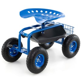 S AFSTAR Rolling Garden Cart, Wagon Scooter with 360° Swivel Seat, Storage Tray, Basket & Rubber Wheels, Heavy-Duty Gardening Tool Cart for Weeding, Patio & Yard (Blue)