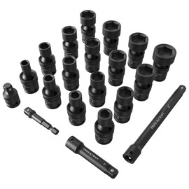 PRIDE&CRAFT 3/8" Drive Universal Impact Swivel Socket Set, 20 Piece Cr-Mo Steel Air Tool Accessories for Automotive & Machinery, 6-Point Universal Joint Socket, Metric,8-24mm,with Extension Bars