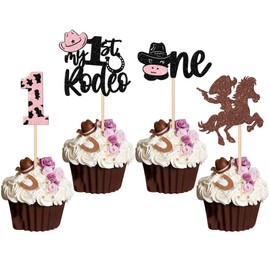 24 piezas de decoración para cupcakes de primer cumpleaños con purpurina, sombrero de vaquero One My 1st Rodeo para magdalenas para primer cumpleaños, vaca, decoración para tartas con temática