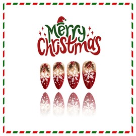 Christmas Press on Nails Medium Almond Fake Nails with Snowflake Christmas Fruit Designs Red French Tip False Nails Press on Winter Xmas Stick on Nails for Women 24Pcs