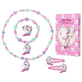 Toddler Little Girls Unicorn Necklace and Bracelet Hair Clips Set, Colorful Jewellery Set for Little Girls, Chirden Unicorn Bracelet, Great Costume Jewelry with Box, Gift Choice for Children-A