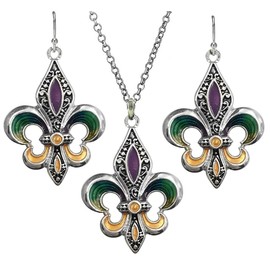 DianaL Boutique Silver Tone Fleur de Lis Pendant Necklace and Earrings Set Mardi Gras
