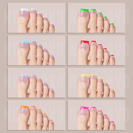 NOVO OVO French Tip Press on Toe Nail Tips MIXED COLOR, Sharp Square Pre-Designed Soft Gel False Toenail Extension, Pre-applied Tip Primer & Base Coat, Full Cover Acrylic for DIY x 15 Sizes 240 pcs