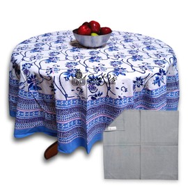 Sweet Us Magnolia Floral Cotton Block Print Tablecloth and One Gray Napkin, Floral Kitchen Dining Table Cloth, Table Cover for Indoor and Outdoors, Rose Bébé, 72-in Round