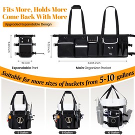 Lansru Fishing Bucket Organizer for 5-10 Gallon Bucket, Upgraded Expandable Pouch, Rod Holder & Reflective Strips, Waterproof, Multi-Pockets for Fishing Gear Organize