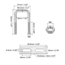PATIKIL M6x20x50mm Square U-Bolts Kit, 2Set 304 Stainless Steel Square U Shaped Bolts Replacement Parts with Frame Plates and Nuts for Ski Board Sailboat Trailer