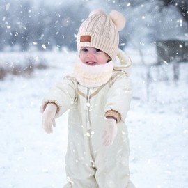 Bekecidi Kids Winter Warm Hat Scarf Gloves Set, Winter Warm Knitted Beanie Hat Scarf Gloves Set Toddler Thermals Pom Pom Bobble Hat Fluffy Neck Warmer and Gloves for Girls Boys Age 1-5 (White)