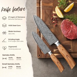 Wakoli EDIB Pro 2-Piece Damascus Kitchen Knife Set – Santoku & Small Santoku with VG10 Core made of 67-Layer Damascus Steel Blades – Professional Chef Knives with Ergonomic Pakkawood Handles