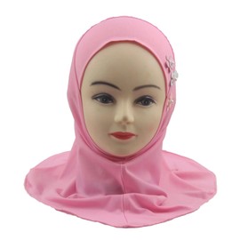Modest Beauty Girls Muslim Hijab Arab Scarf Islamic Headscarf for Kids with 3 Flowers, Pink-3 Flowers, age 2-6