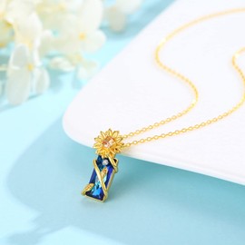 TANGPOET Sunflower Necklace with Blue Crystal 925 Sterling Silver Sunflower Pendant Necklaces Gold Plated Rectangle Sunflower Jewelry Jewellery Gifts for Women Mum Wife Girlfriend