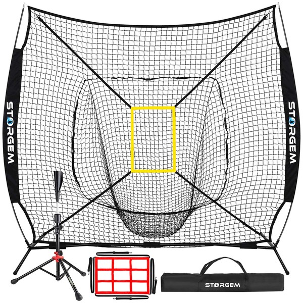 Storgem Baseball and Softball Practice Net 7×7ft Portable Hitting Pitching Batting Training Net Baseball Backstop Net with Batting Tee and Strike Zone and Bow Frame