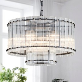 Saint Mossi Black Drum Chandelier Light Fixture, Doule Layer Middle Century Modern Design, with 5-Light, D18 x H10, Adjustable 59" Chains, Glass Shade & Black Metal Frame
