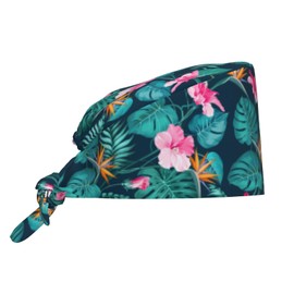 Hawaii Hawaiian Flower Leaf Adjustable Working Cap Breathable Unisex Women Men Elastic Bandage Tie Back Hats Scrub Nursing Doctor Surgeon Cap