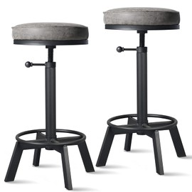 BOKKOLIK Vintage Bar Stools Set of 2 Industrial Bar Stool Swivel PU Seat Counter Height Adjustable 24-28inch Kitchen Isand Dining Chair