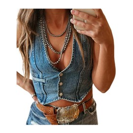 SANSIWU Women Button Down Denim Vest Y2K Sleeveless Deep V Neck Cropped Jean Tank Top Fitted Jacket Waistcoat Bustier Streetwear (Dark Blue, M)
