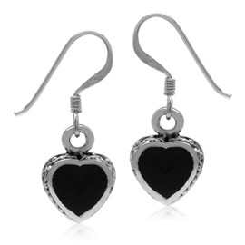 Silvershake Heart Shape Created Black Onyx Inlay 925 Sterling Silver Dangle Hook Earrings
