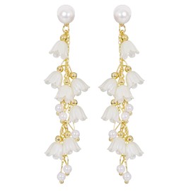 Gold Pearl Flower Earrings for Women Lightweight Dainty Long Dangle Earrings Hypoallergenic, Cute Statement Freshwater Cultured Gold Earring Gifts