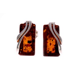 Baltic Cognac Amber Sterling Silver Small Rectangle Stud Earrings, Stone, Amber