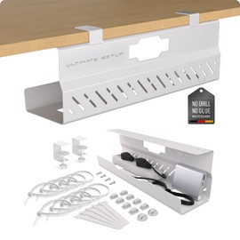 Under Desk Cable Management Tray no Drill – Wire Management - Cord Organizer – Huge Load Capacity – Under Desk Cable Tray no Drill (White, 1 Piece Set)
