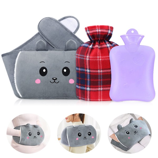 MOTONG Hot Water Bottle with Grey Belt, Detachable Warm Water Waist Bag, Natural Rubber Bottle & Soft Artificial Plush Fluffy Fur Cover, Help for Pain Relief,Waist,Back,Neck and Shoulders (Purple)