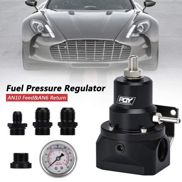 PQY Fuel Pressure Regulator with Gauge AN10 Feed & AN6 Return Line & AN10 End Cap Black