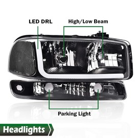 LQI LED DRL Headlights Assembly Compatible with Gmc Sierra 1500 1999-2007/ Fit GMC Yukon XL 1500 2500 1999-2006 Black Clear W/Bumper Signal Lamps（Clear lens Black Housing Amber Reflector）