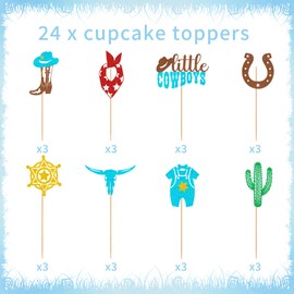 24 Pcs Cowboy Baby Shower Decorations Cupcake Toppers, a Little Cowboy is on the Way Baby Shower Cupcake Picks, Western Rodeo Farm Theme Party Supplies (8 Designs)